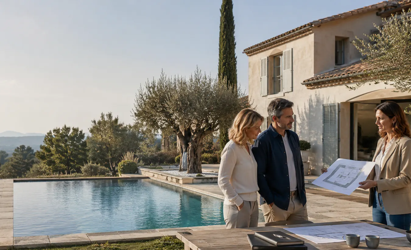 Un couple et une architecte devant une piscine achevée, les plans du bassin à la main
