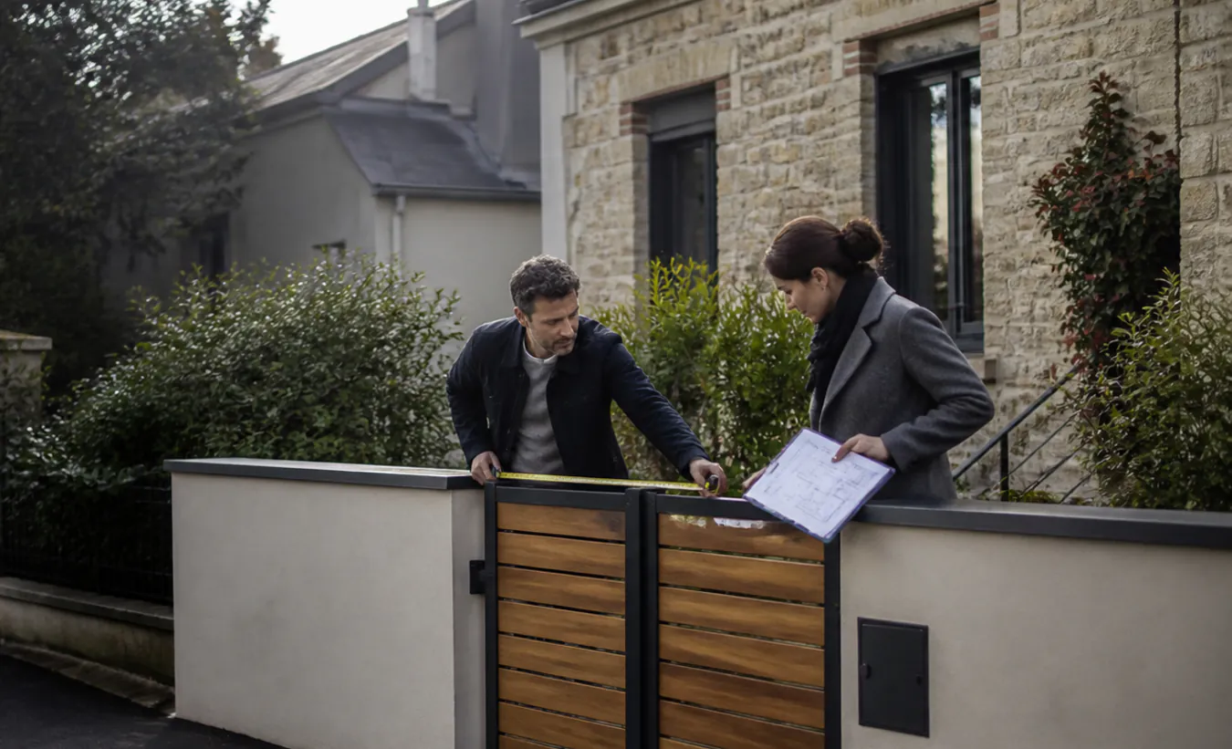 Un architecte et une propriétaire mesurent un projet de clôture devant une maison francilienne en brique et enduit clair