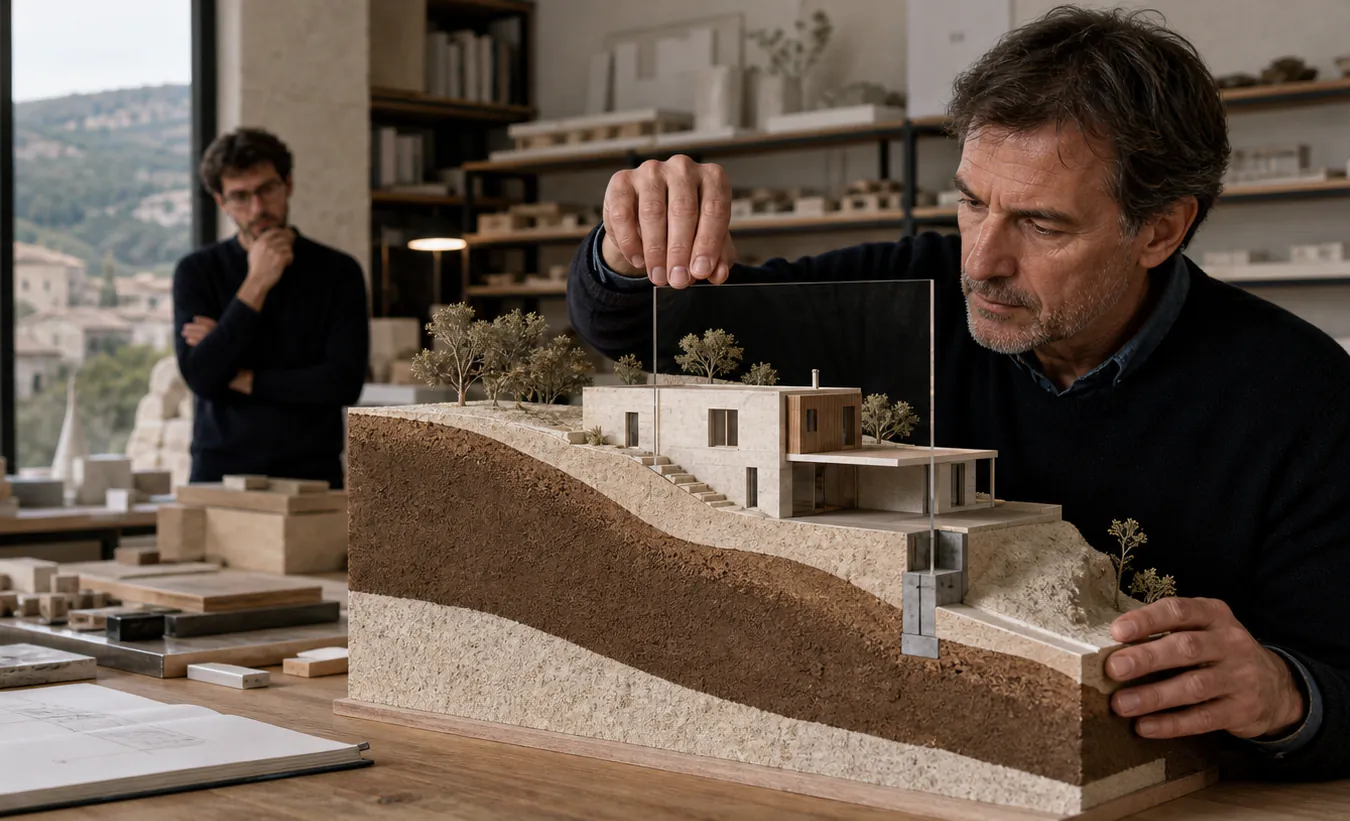 Un architecte positionne un plan de coupe transparent sur la maquette en section d'une maison construite sur un terrain en pente
