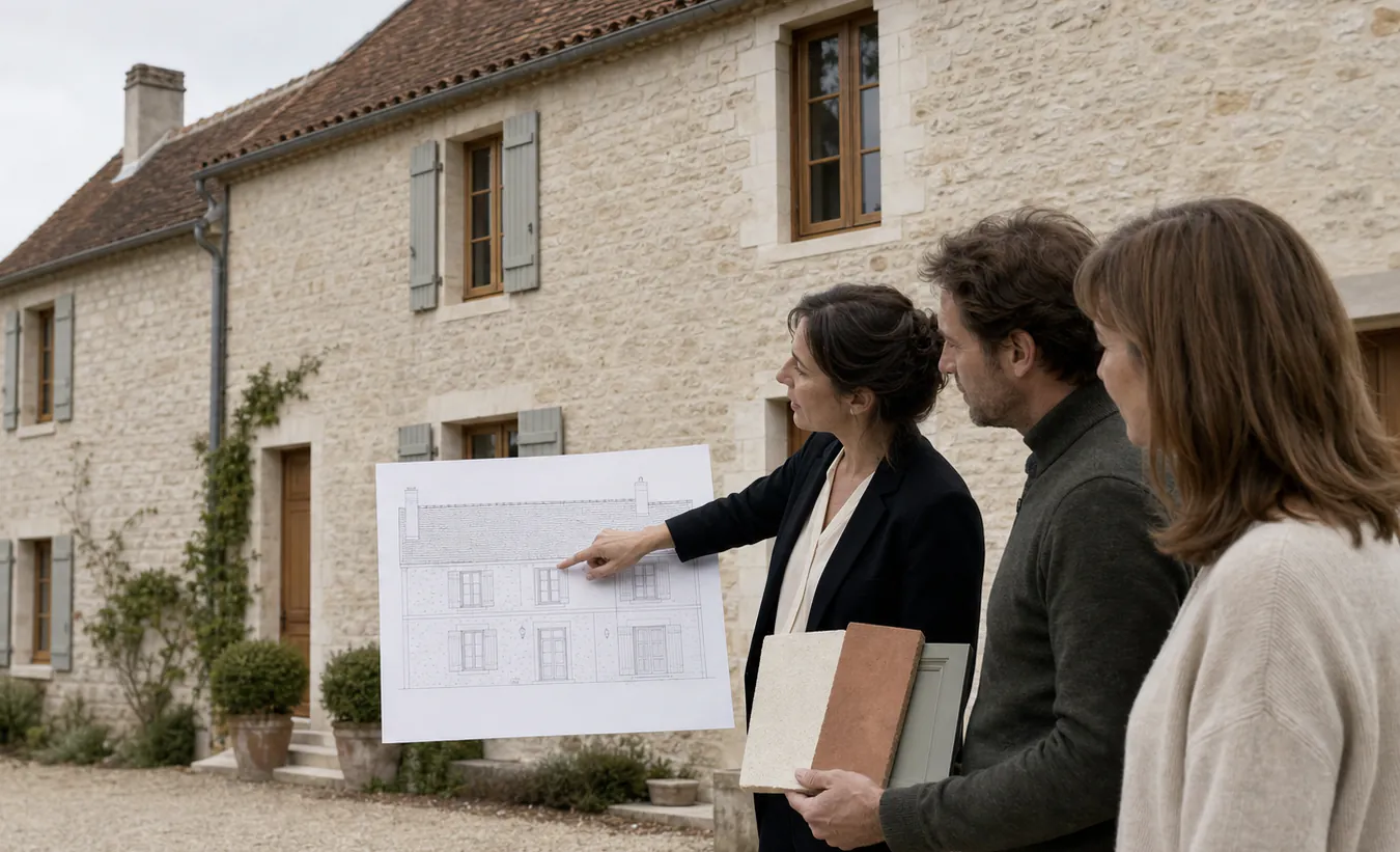 Une architecte compare le dessin d'une façade et des échantillons d'enduit, de tuile et de menuiserie devant une maison française