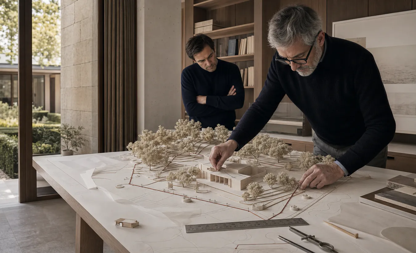 Deux urbanistes vérifient l'implantation et les limites d'un projet sur une maquette de plan de masse