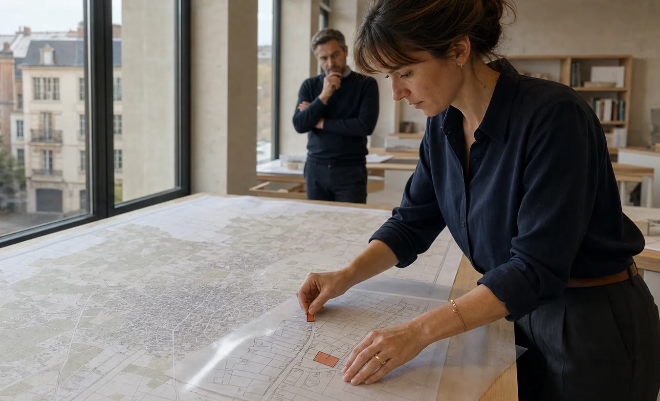 Une urbaniste repère une parcelle sur une carte communale et un extrait cadastral dans une agence française