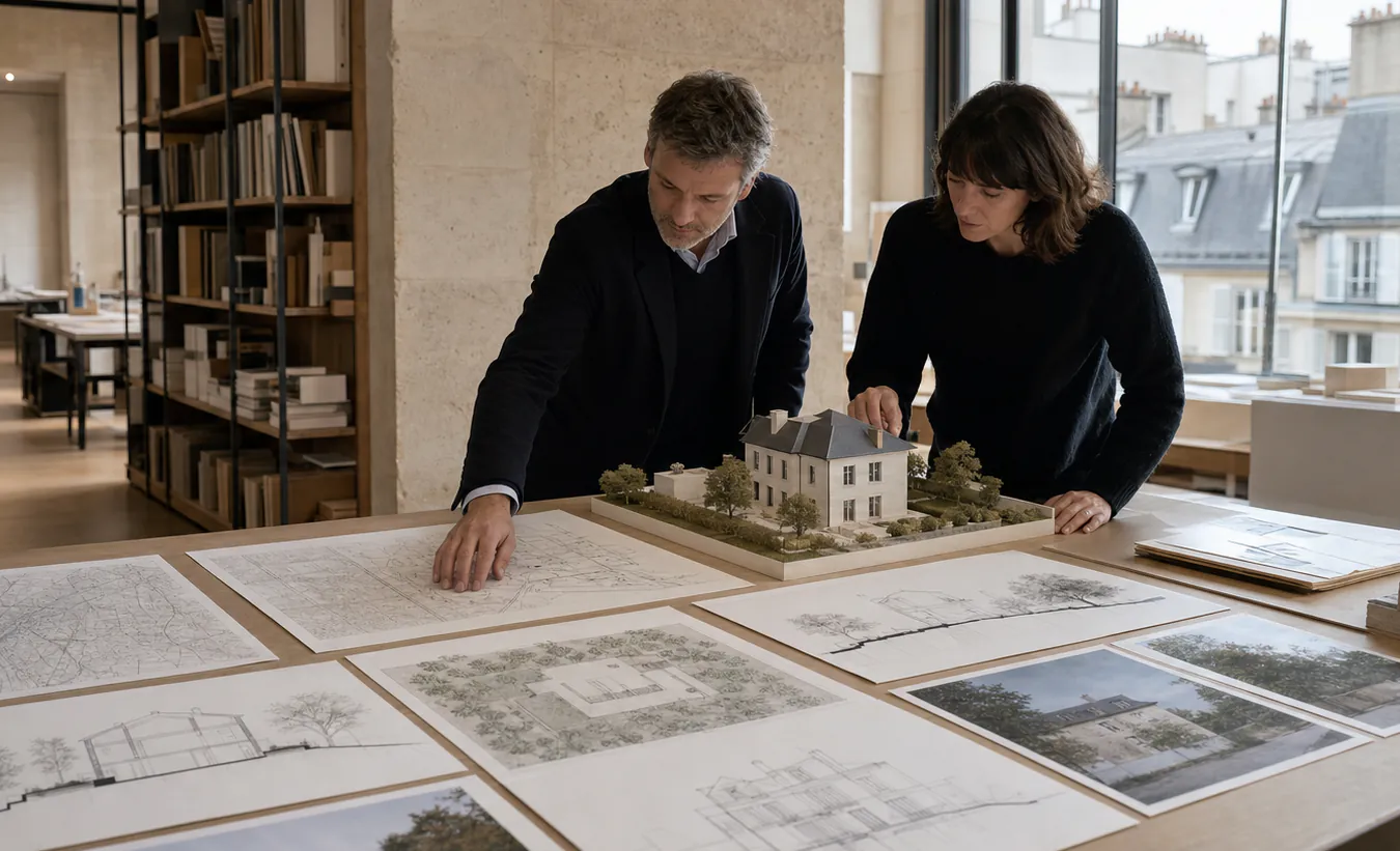 Deux professionnels contrôlent les plans et la maquette d'un dossier complet de déclaration préalable dans une grande agence française