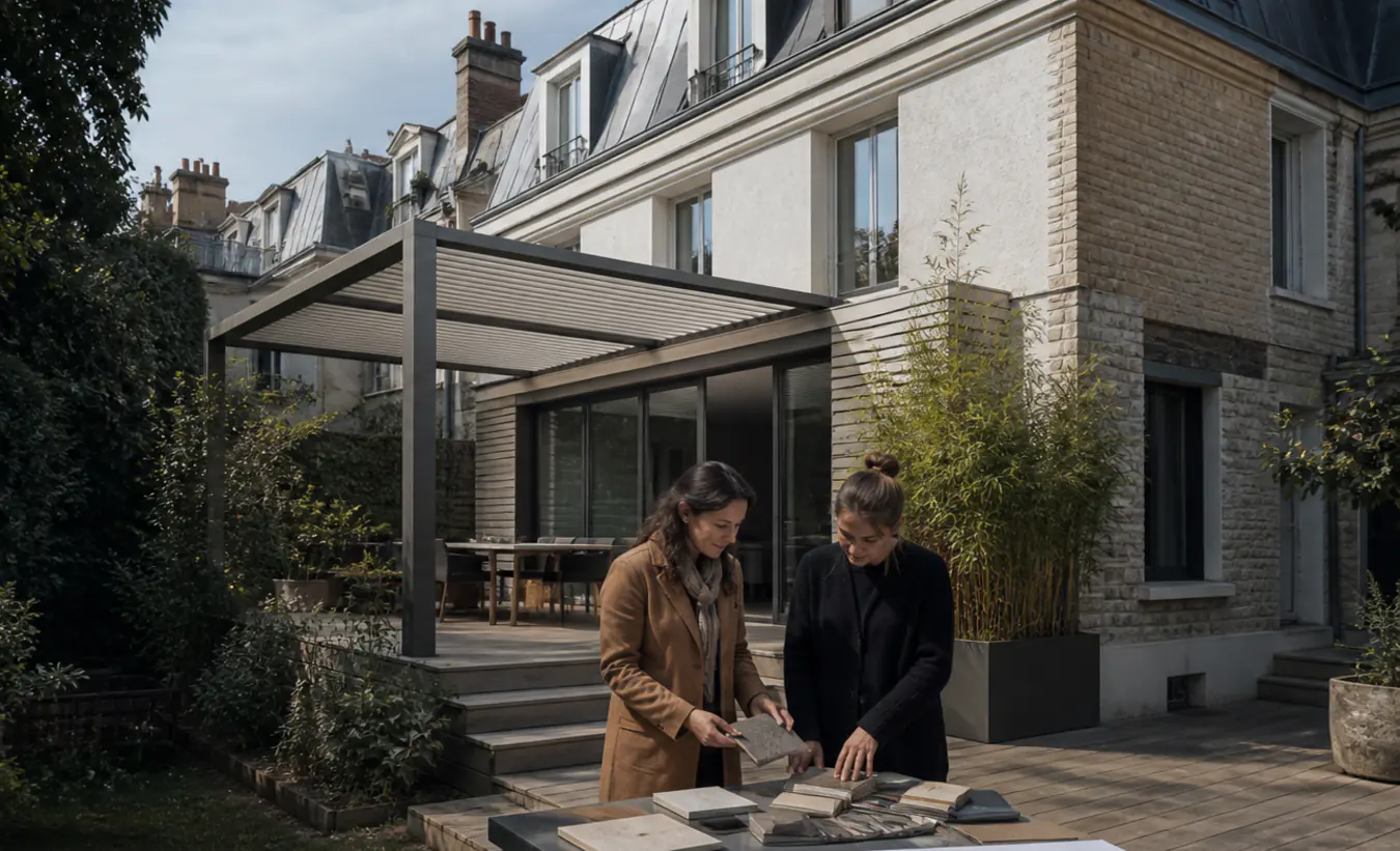 Une architecte et un propriétaire examinent une terrasse avec pergola devant une maison d'Île-de-France avec un jardin compact