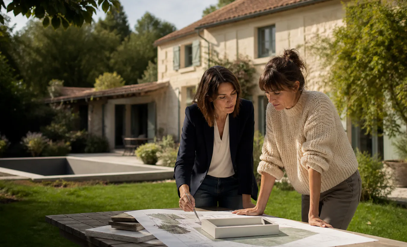 Une architecte et une propriétaire étudient une piscine dans le jardin d'une maison de l'intérieur de la France en pierre et enduit clair