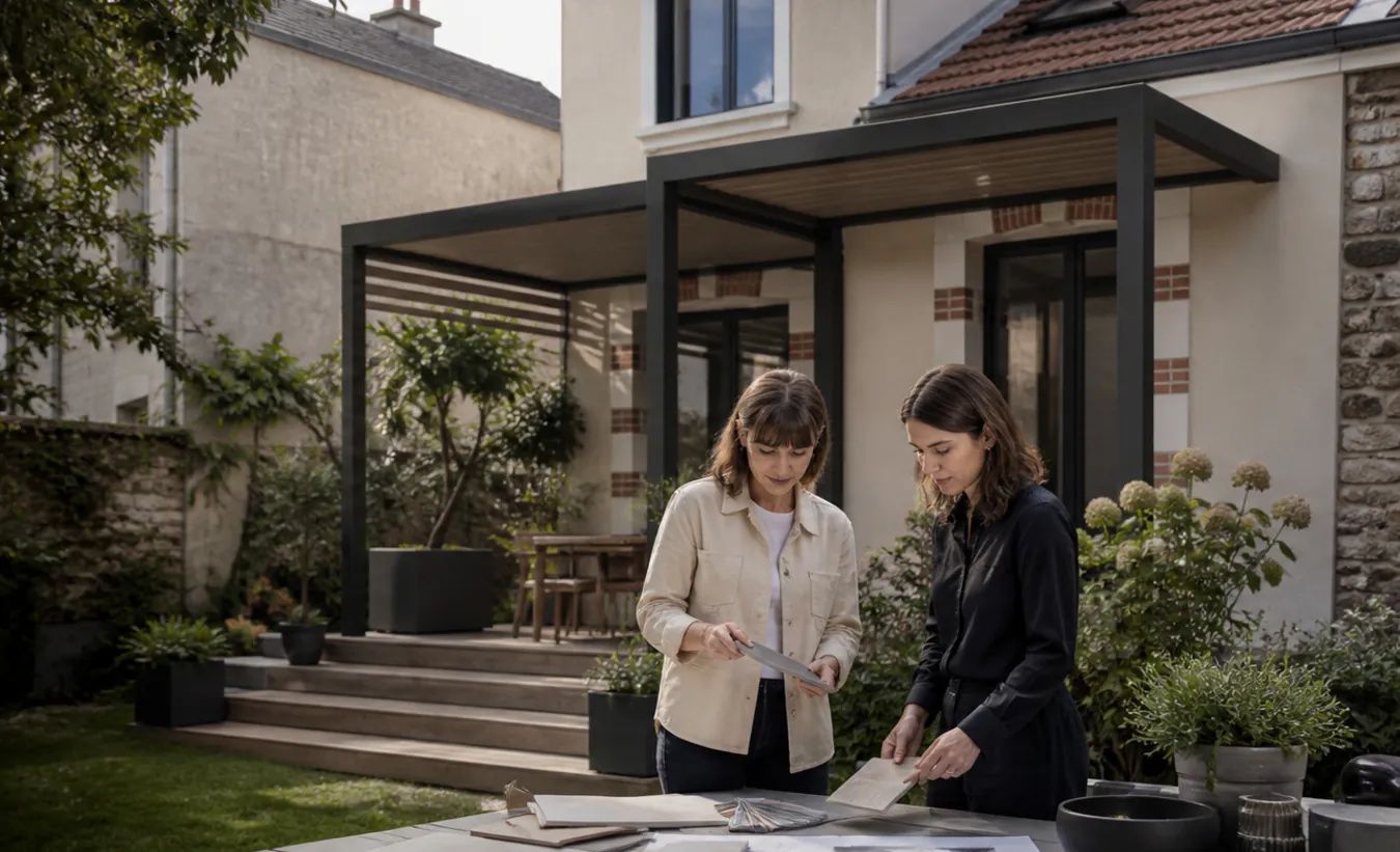Une architecte et un propriétaire examinent une terrasse avec pergola devant une maison d'Île-de-France avec un jardin compact