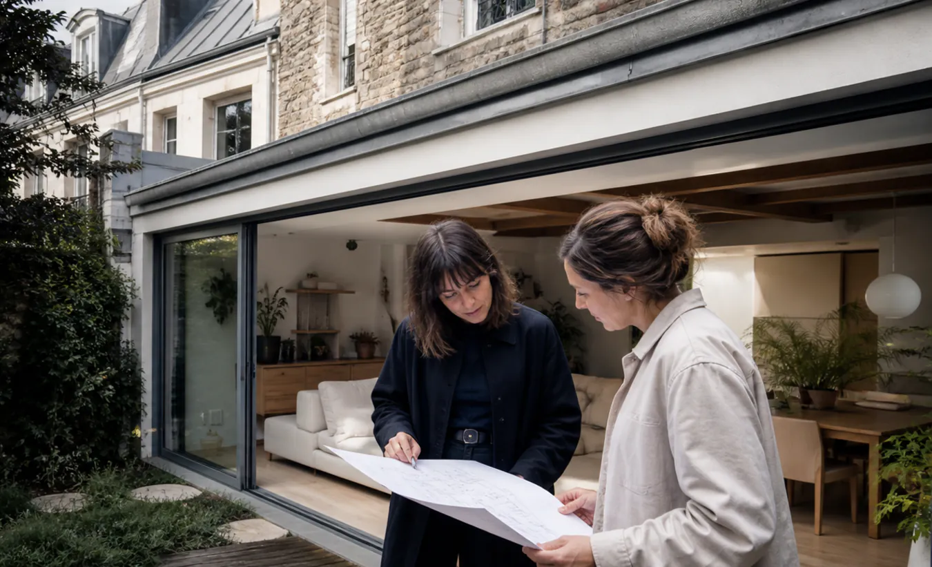 Une architecte et une propriétaire examinent la transformation d'un garage d'une maison francilienne en brique et enduit clair