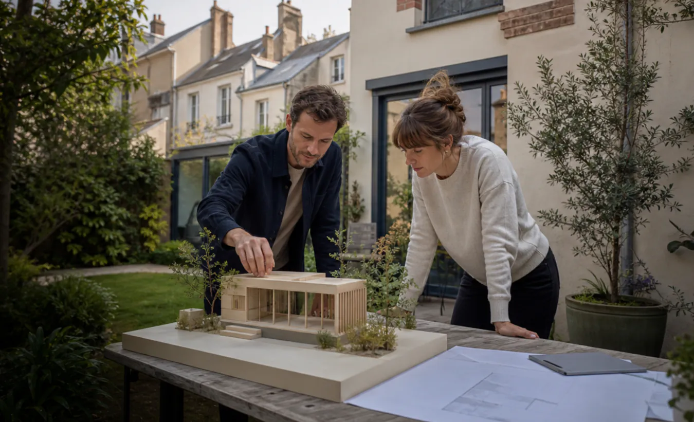 Une architecte et une propriétaire positionnent un abri de jardin près d'une maison francilienne en brique et enduit clair