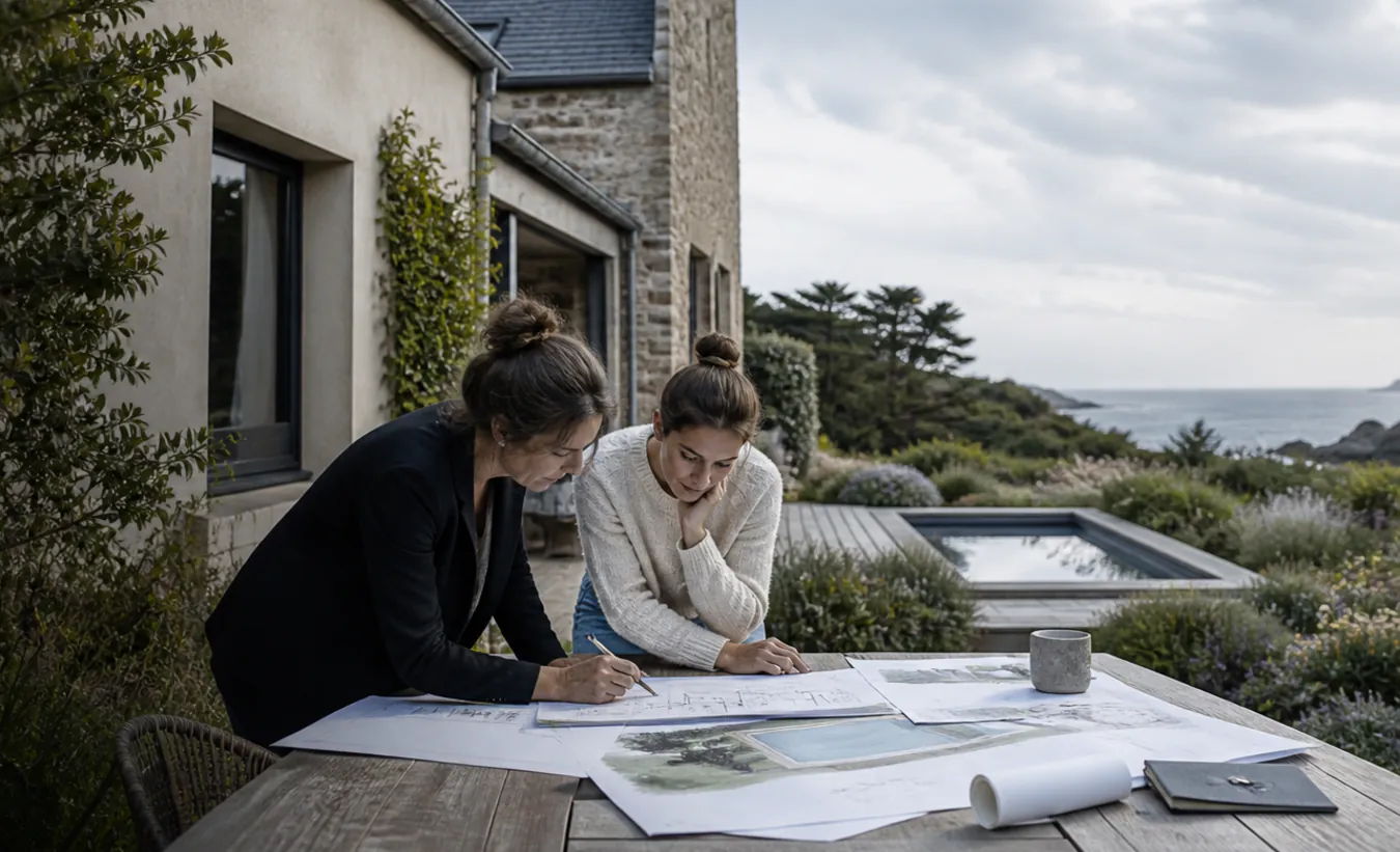 Une architecte et une propriétaire étudient une piscine dans le jardin d'une maison de l'ouest en pierre et ardoise