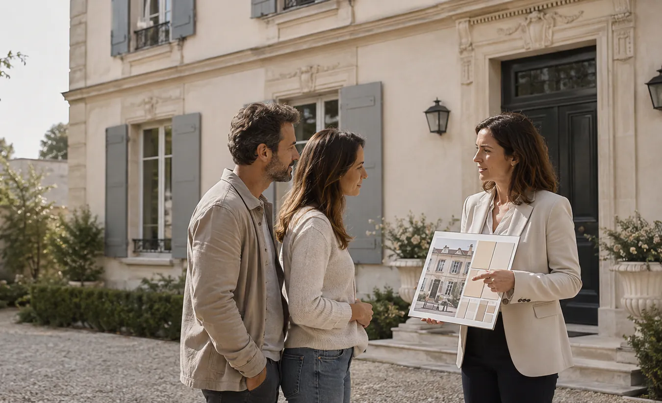 Une architecte présente un relevé de façade à un couple, devant une maison de maître