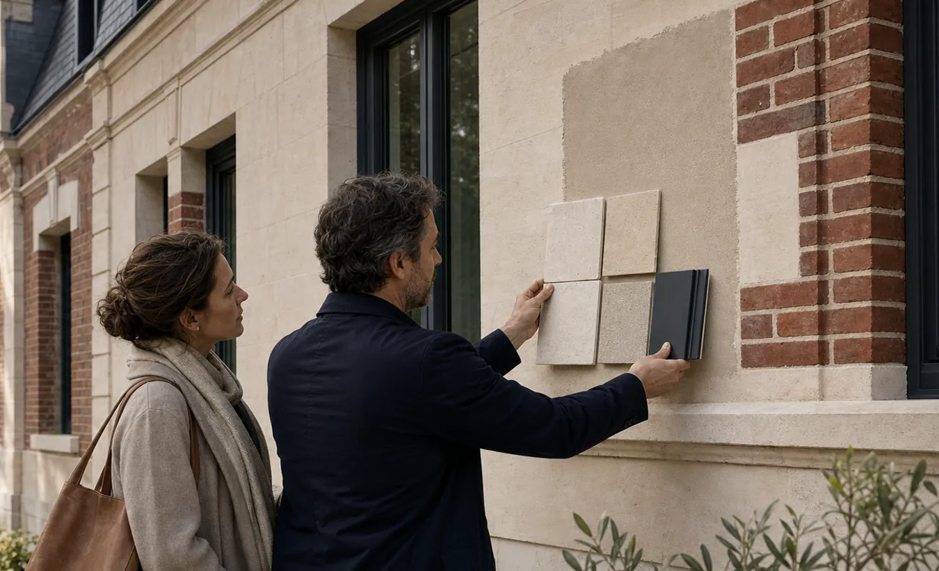 Une architecte compare des enduits aux moulures conservées d'une façade ancienne