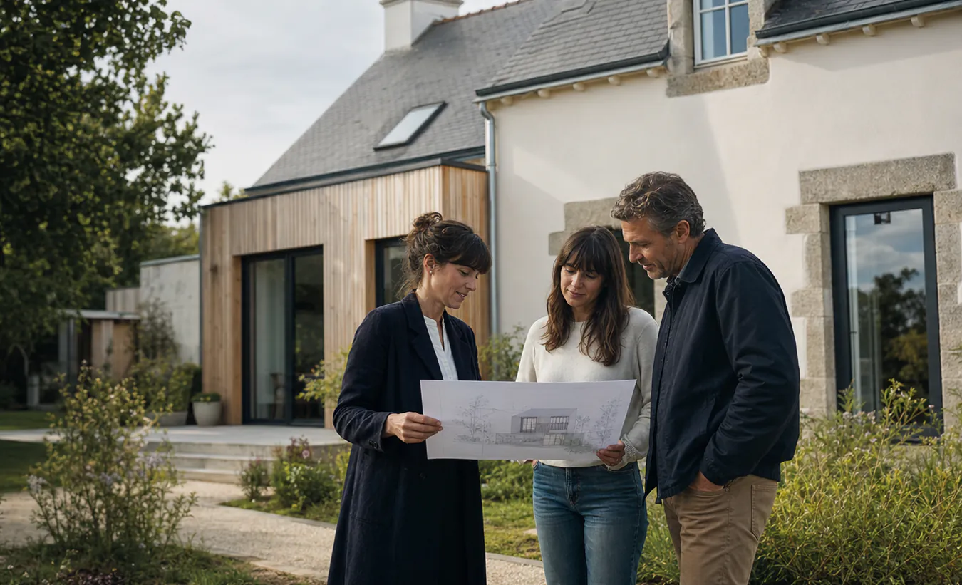 Une architecte présente une extension en bois à des propriétaires devant une maison au jardin planté