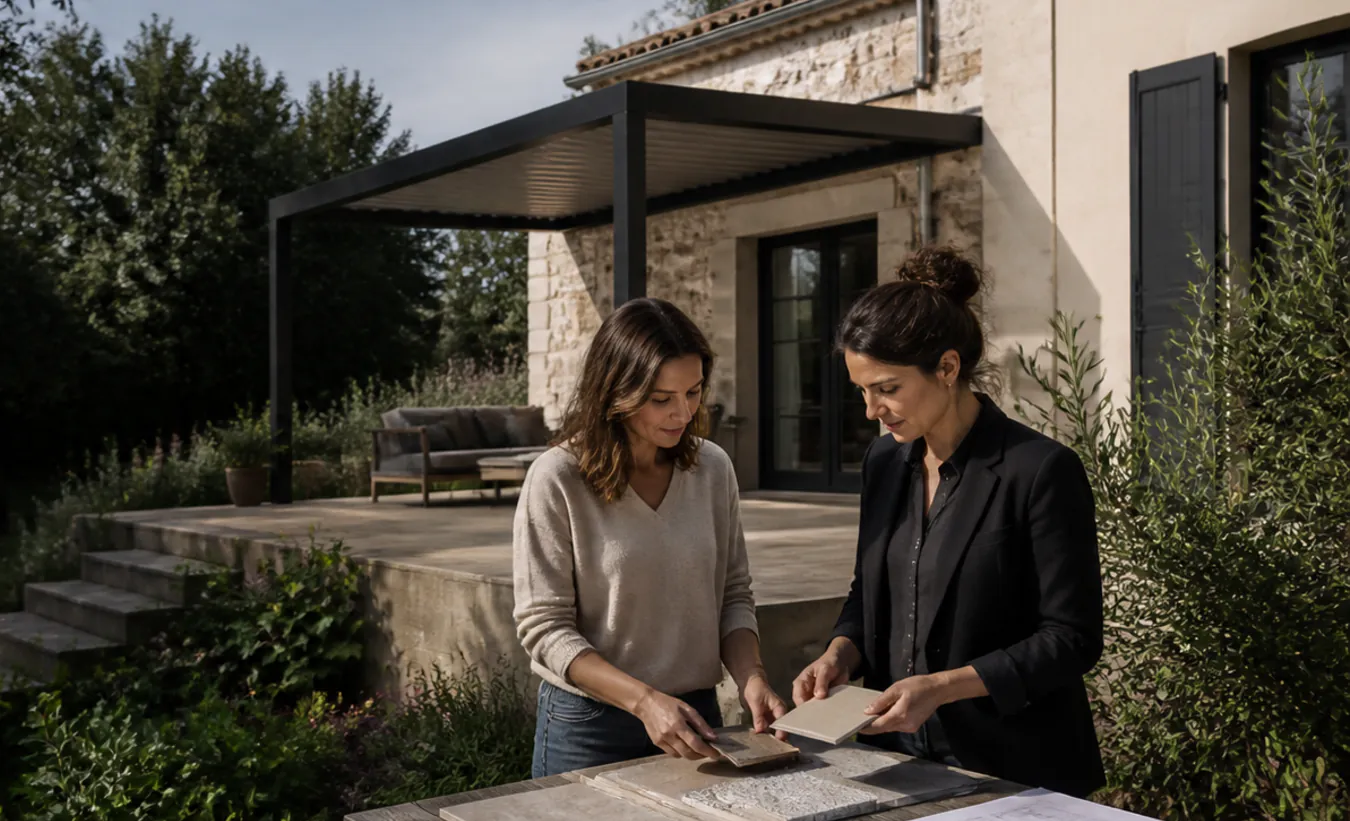 Une architecte et un propriétaire examinent une terrasse avec pergola devant une maison française au jardin arboré