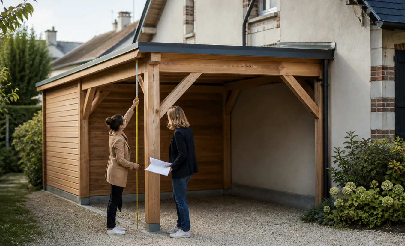 Une architecte et un propriétaire mesurent un carport en bois près d'une maison francilienne en brique et enduit clair