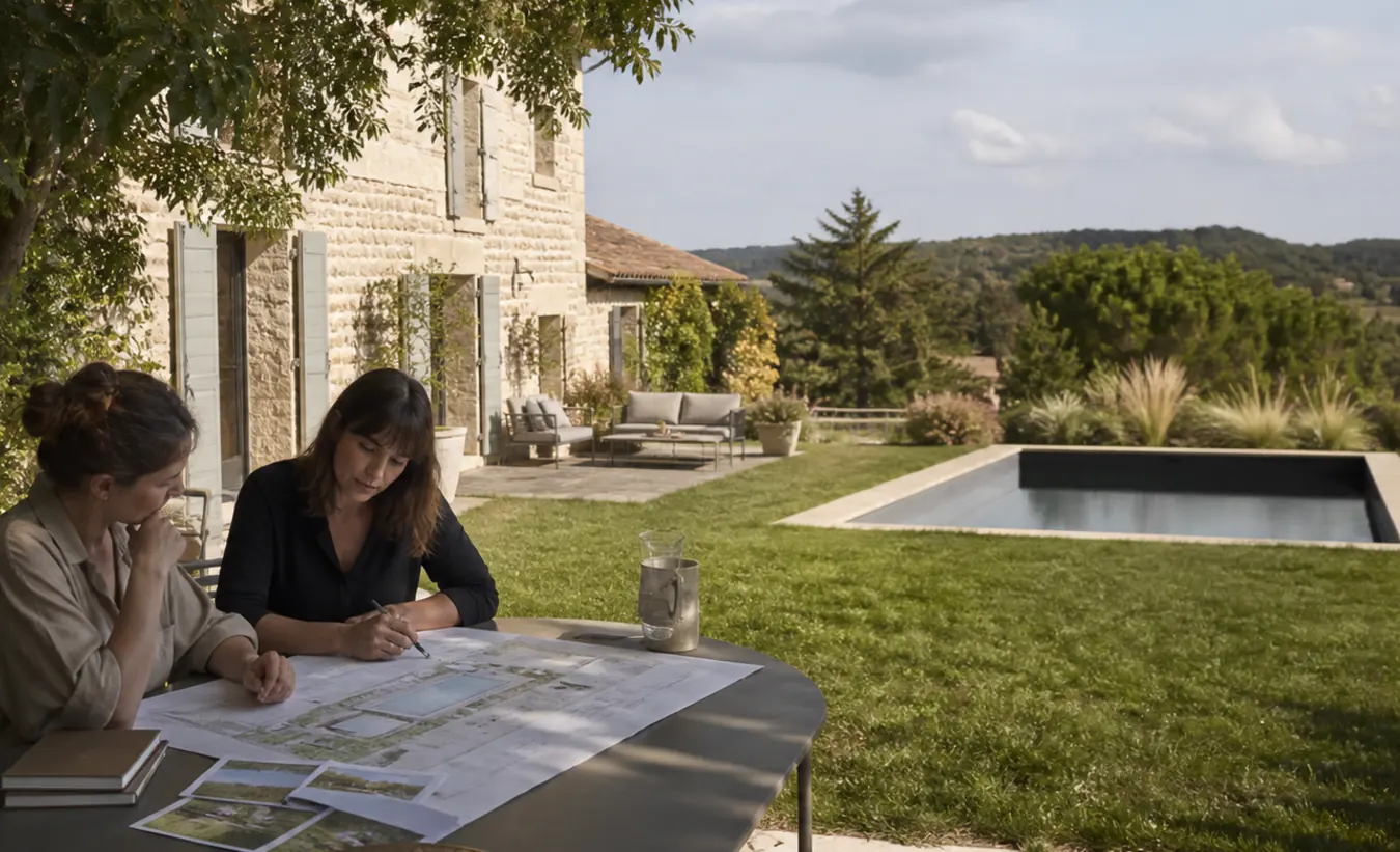 Une architecte et une propriétaire étudient une piscine dans le jardin d'une maison de l'intérieur de la France en pierre et enduit clair