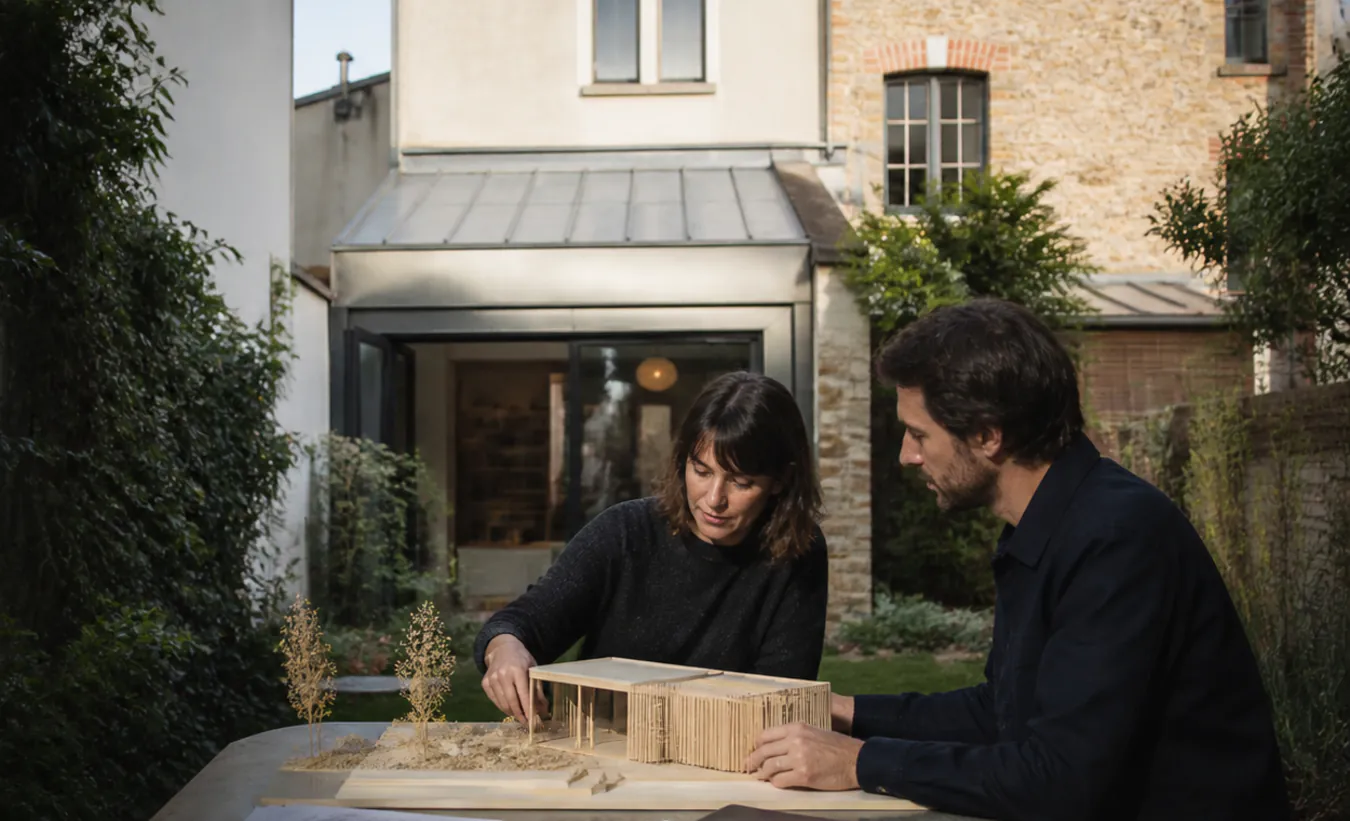 Une architecte et une propriétaire positionnent un abri de jardin près d'une maison d'Île-de-France avec un jardin compact