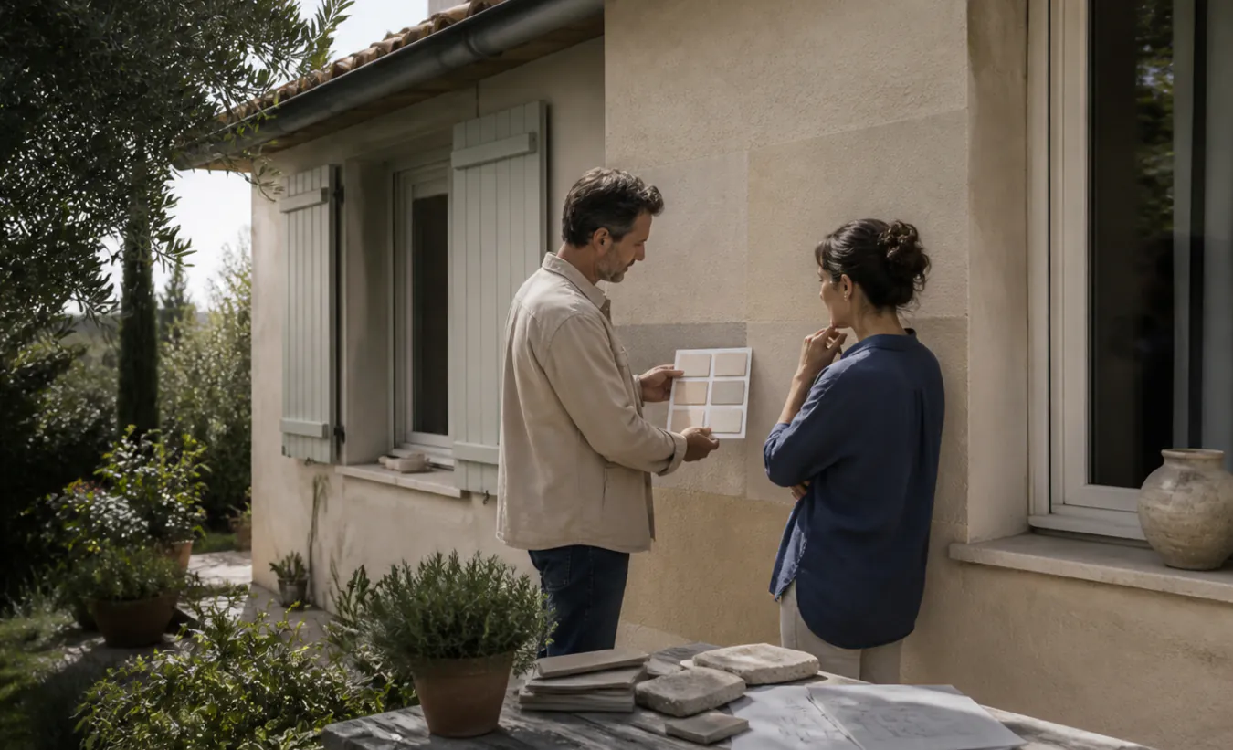 Un architecte et une propriétaire préparent le ravalement d'une maison française au jardin arboré