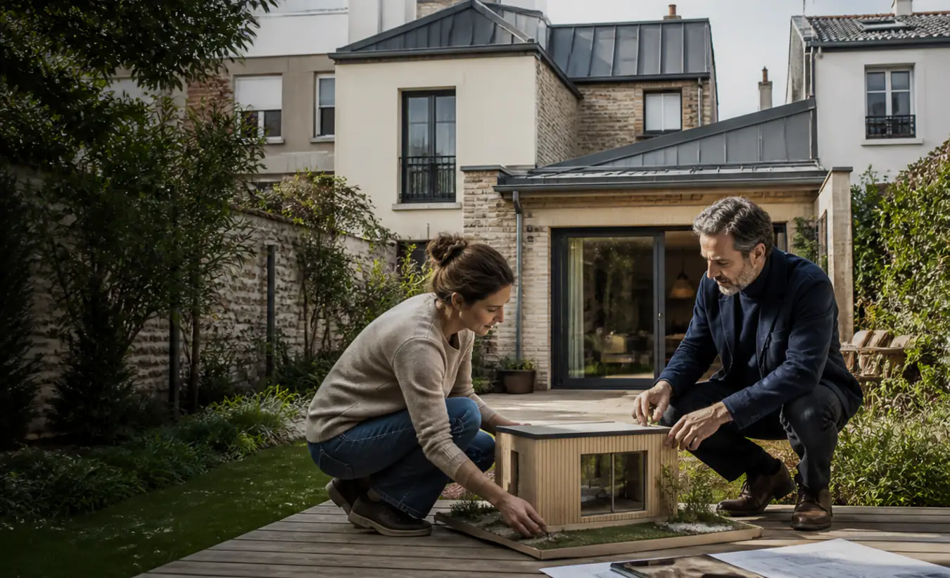 Une architecte et une propriétaire positionnent un abri de jardin près d'une maison francilienne en brique et enduit clair