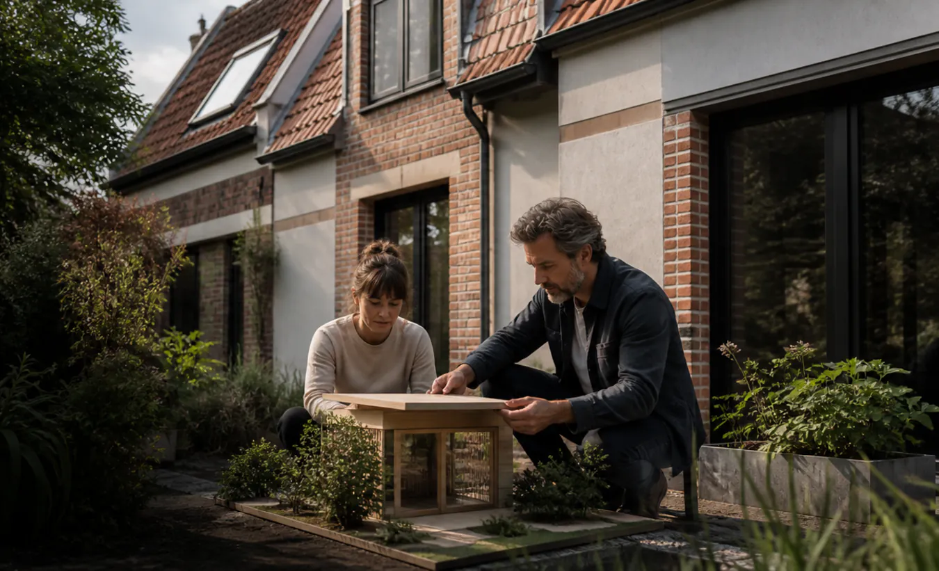 Une architecte et une propriétaire positionnent un abri de jardin près d'une maison du nord de la France au toit pentu