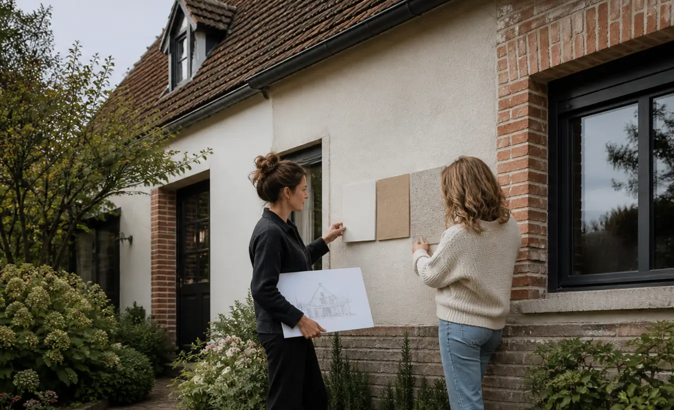 Une architecte et une propriétaire comparent des matériaux de façade devant une maison du nord de la France au toit pentu