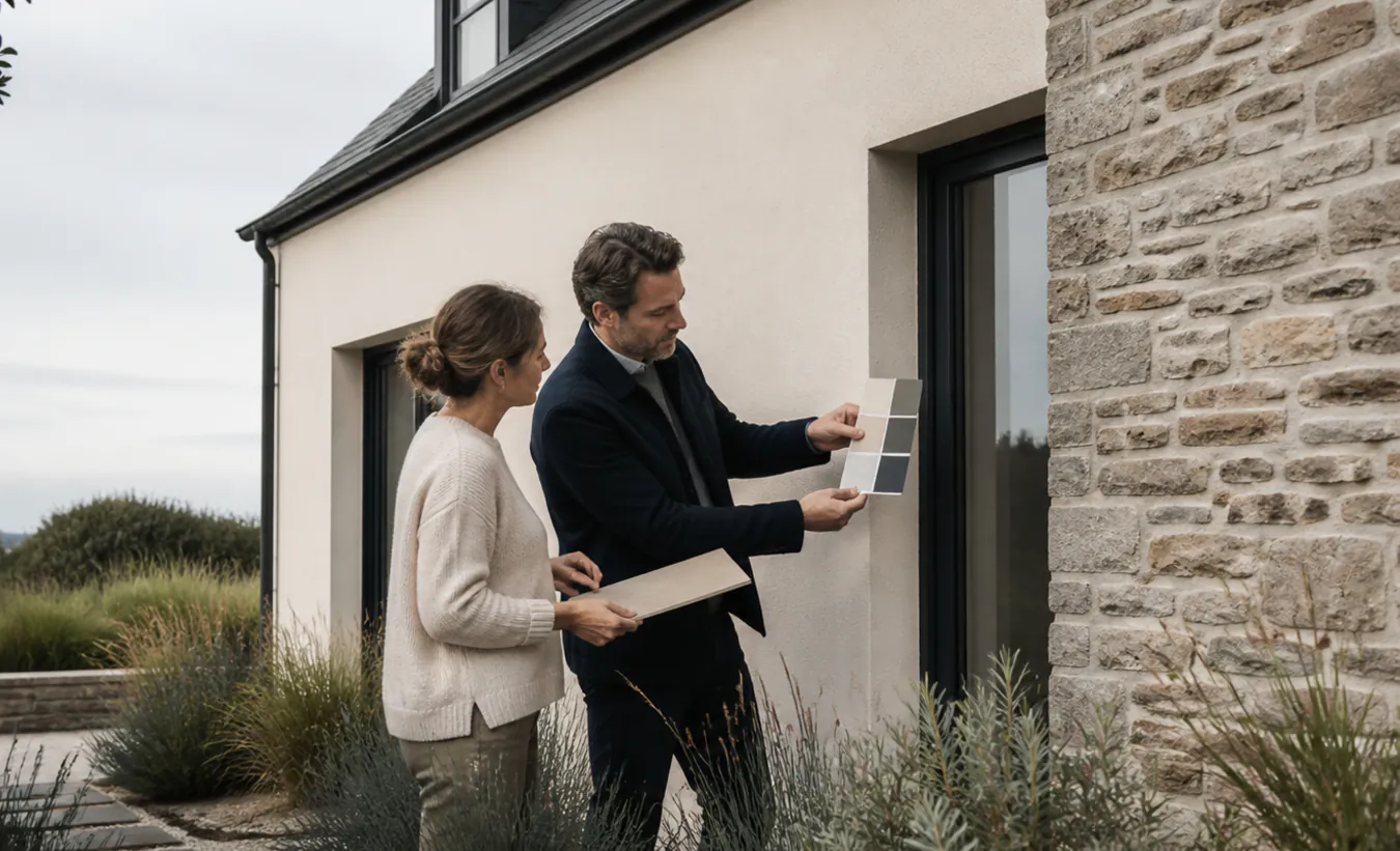 Un architecte et une propriétaire préparent le ravalement d'une maison de l'ouest en pierre et ardoise