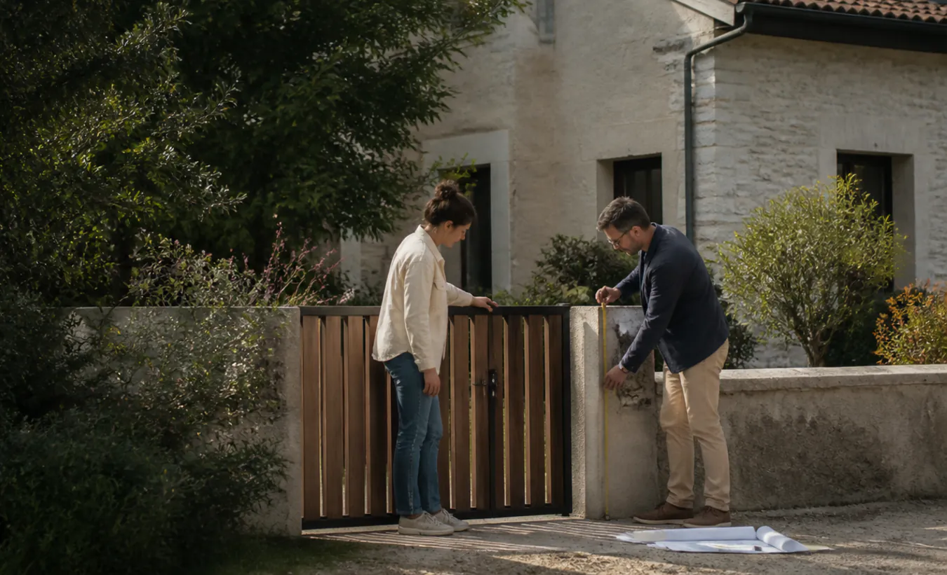 Un architecte et une propriétaire mesurent un projet de clôture devant une maison française au jardin arboré