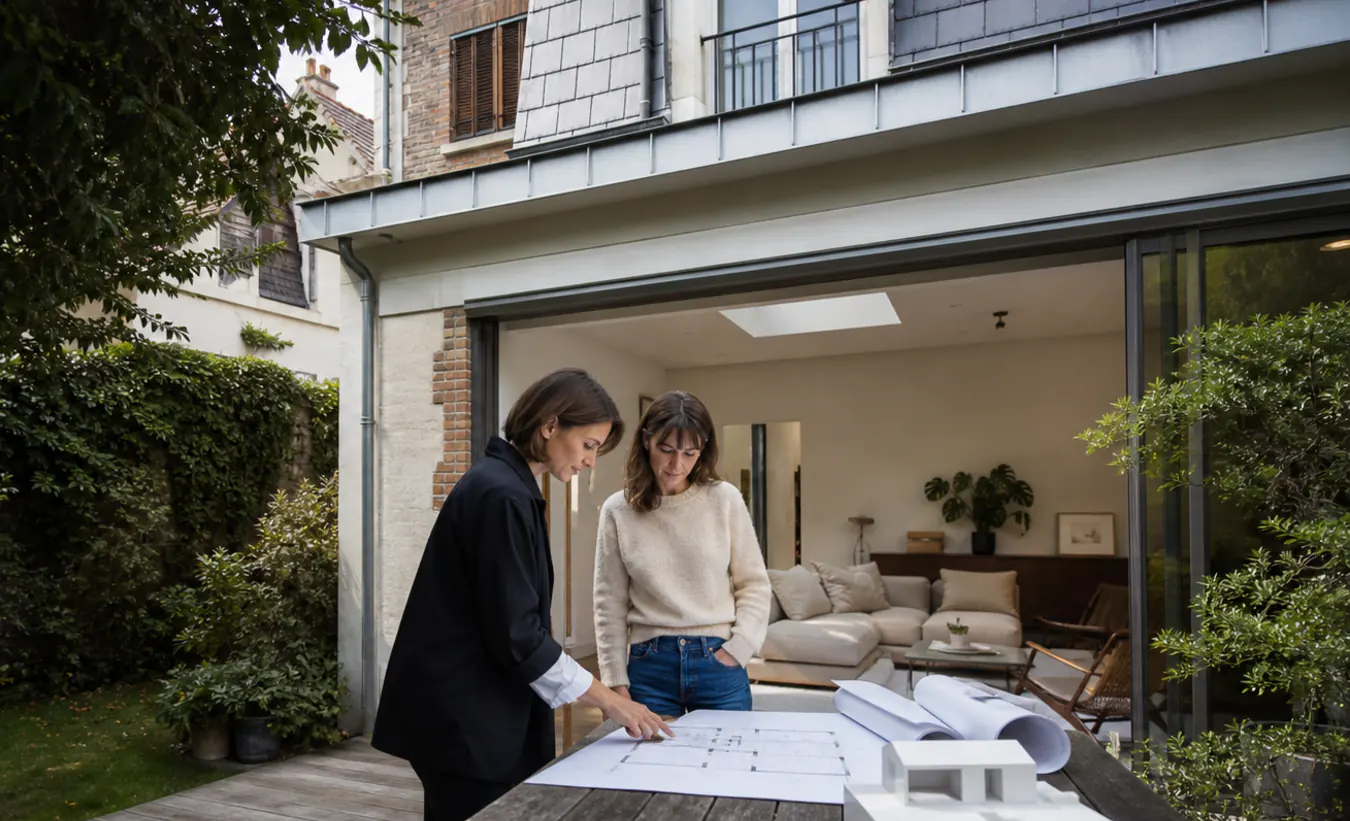 Une architecte et une propriétaire examinent la transformation d'un garage d'une maison d'Île-de-France avec un jardin compact