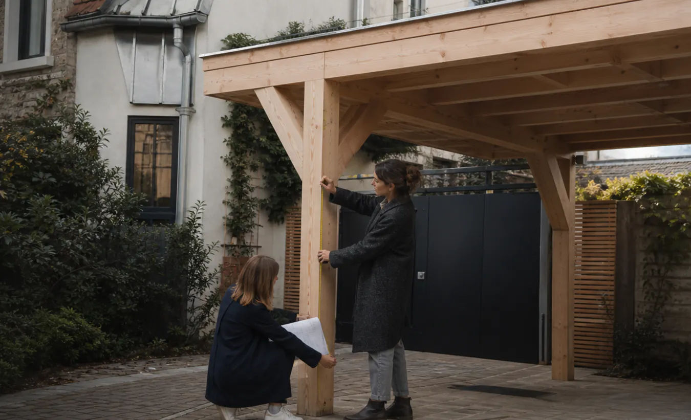 Une architecte et un propriétaire mesurent un carport en bois près d'une maison francilienne en brique et enduit clair