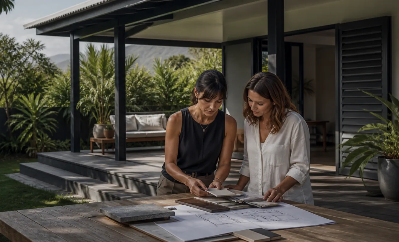 Une architecte et un propriétaire examinent une terrasse avec pergola devant une maison réunionnaise à varangue