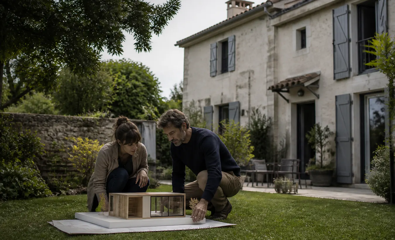 Une architecte et une propriétaire positionnent un abri de jardin près d'une maison de l'intérieur de la France en pierre et enduit clair