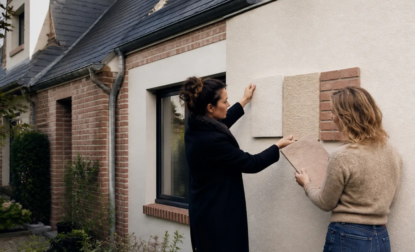 Une architecte et une propriétaire comparent des matériaux de façade devant une maison du nord de la France au toit pentu