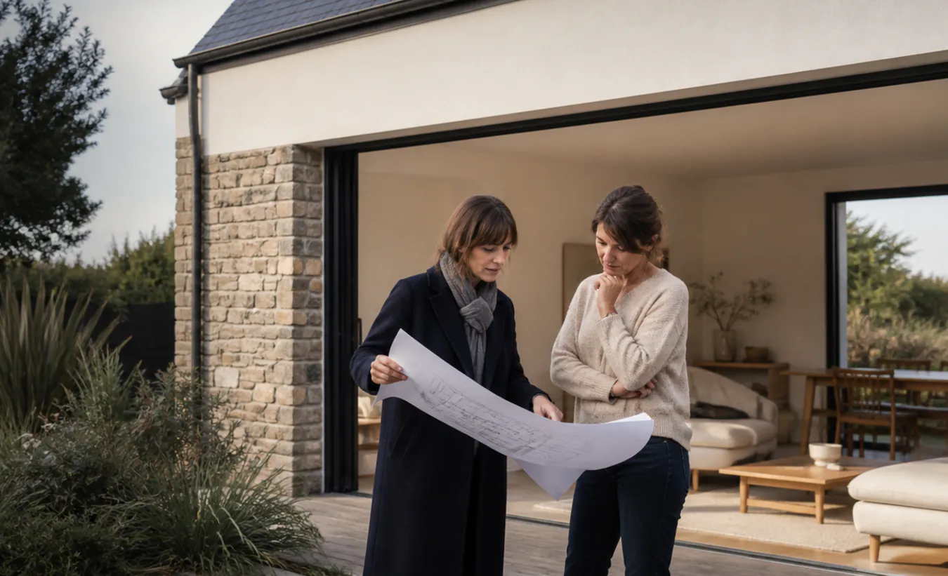 Une architecte et une propriétaire examinent la transformation d'un garage d'une maison de l'ouest en pierre et ardoise