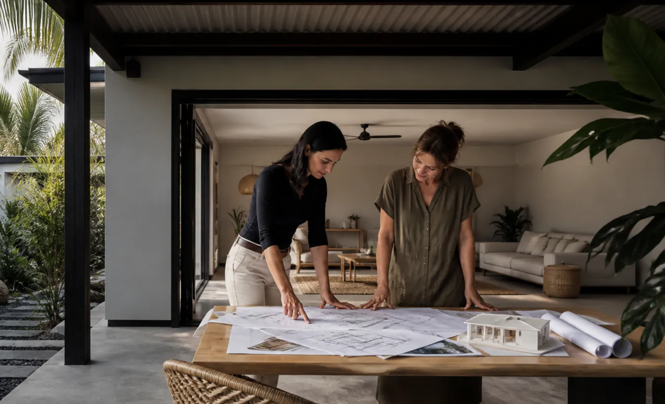 Une architecte et une propriétaire examinent la transformation d'un garage d'une maison créole dans un jardin réunionnais