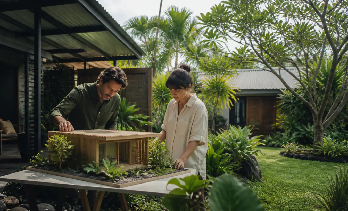 Une architecte et une propriétaire positionnent un abri de jardin près d'une maison réunionnaise à varangue