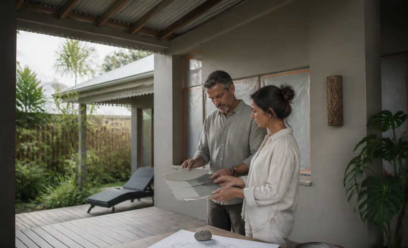 Un architecte et une propriétaire préparent le ravalement d'une maison créole dans un jardin réunionnais