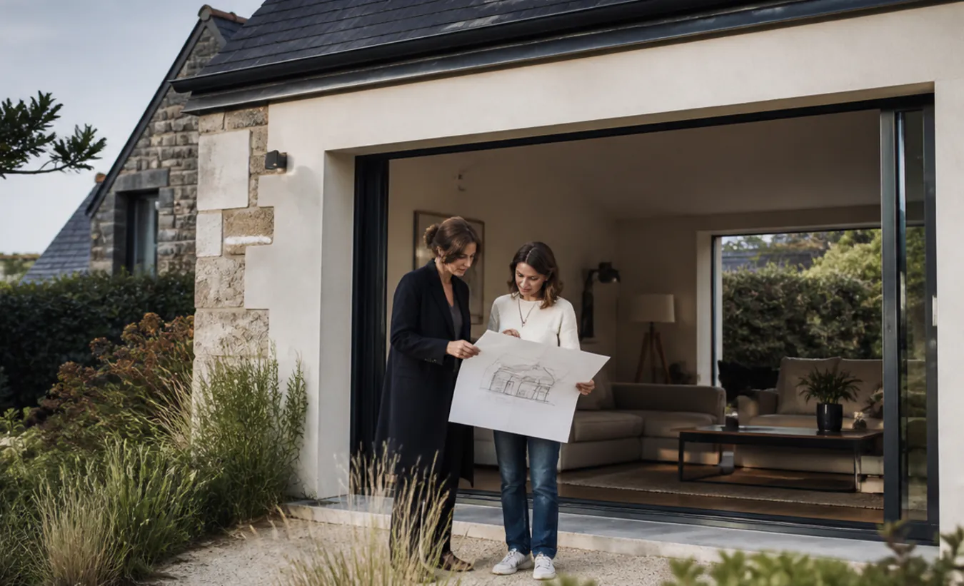 Une architecte et une propriétaire examinent la transformation d'un garage d'une maison atlantique au toit d'ardoise