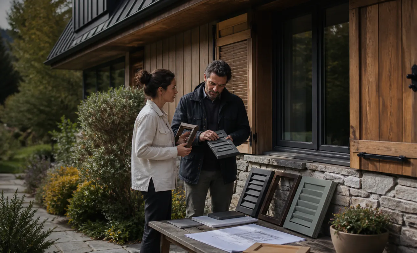 Un architecte et un propriétaire comparent des menuiseries devant une maison des Alpes ou du Jura en pierre et bois