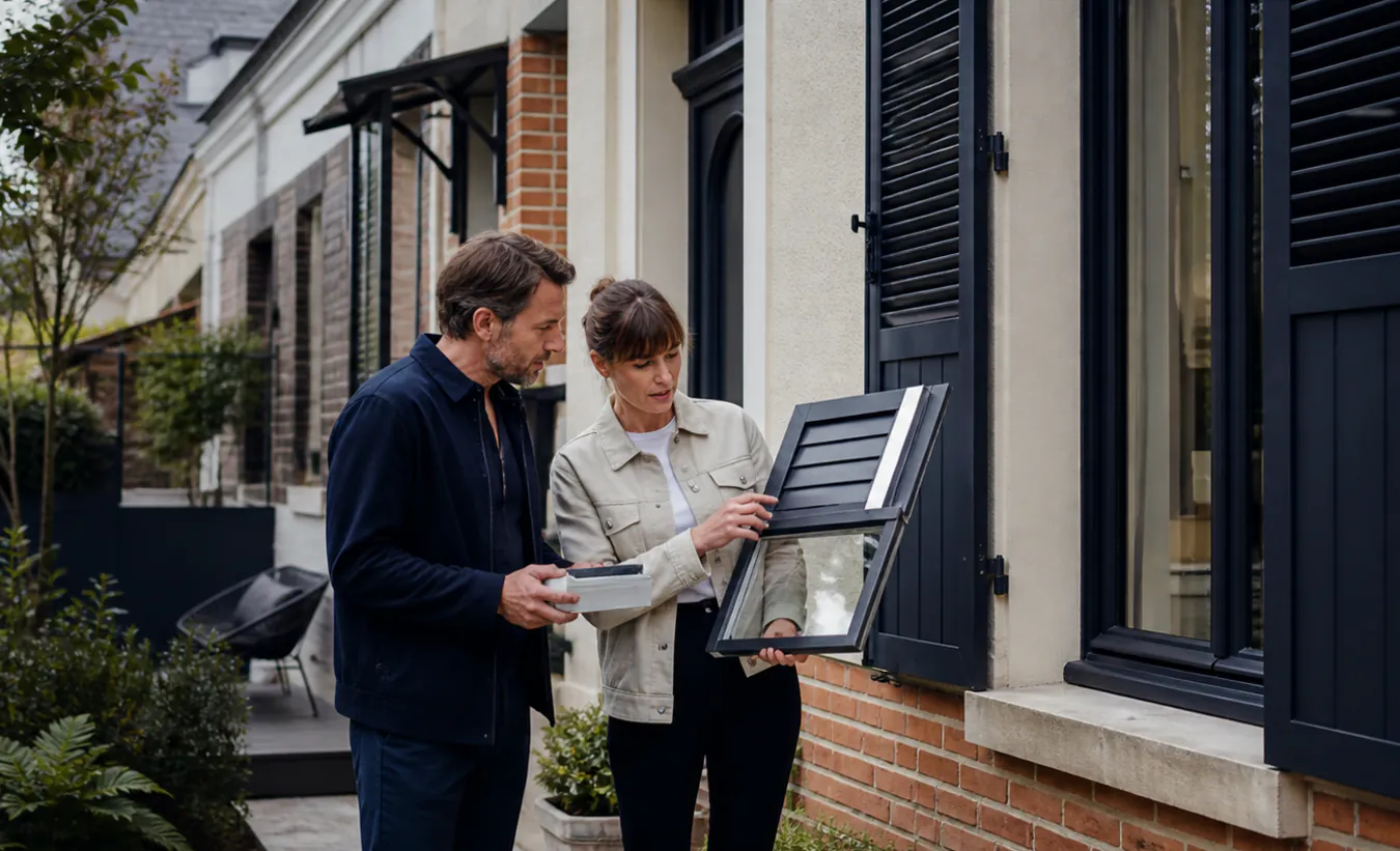 Un architecte et un propriétaire comparent des menuiseries devant une maison francilienne en brique et enduit clair