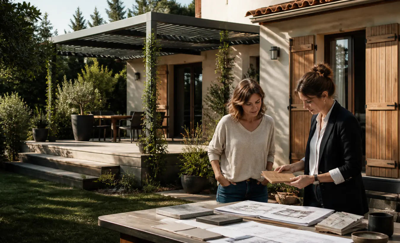 Une architecte et un propriétaire examinent une terrasse avec pergola devant une maison du sud-ouest aux tuiles de terre cuite