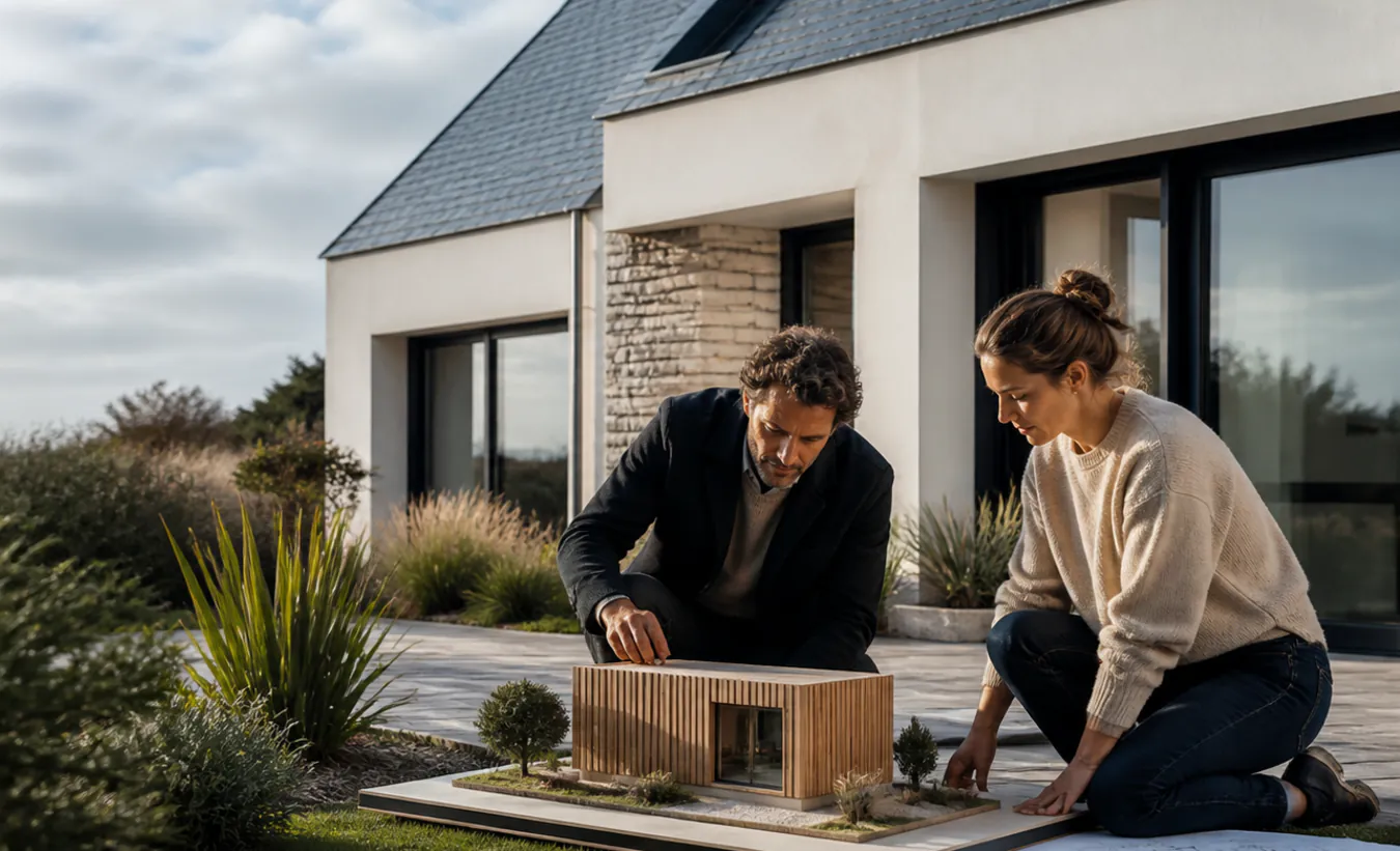 Une architecte et une propriétaire positionnent un abri de jardin près d'une maison de l'ouest en pierre et ardoise