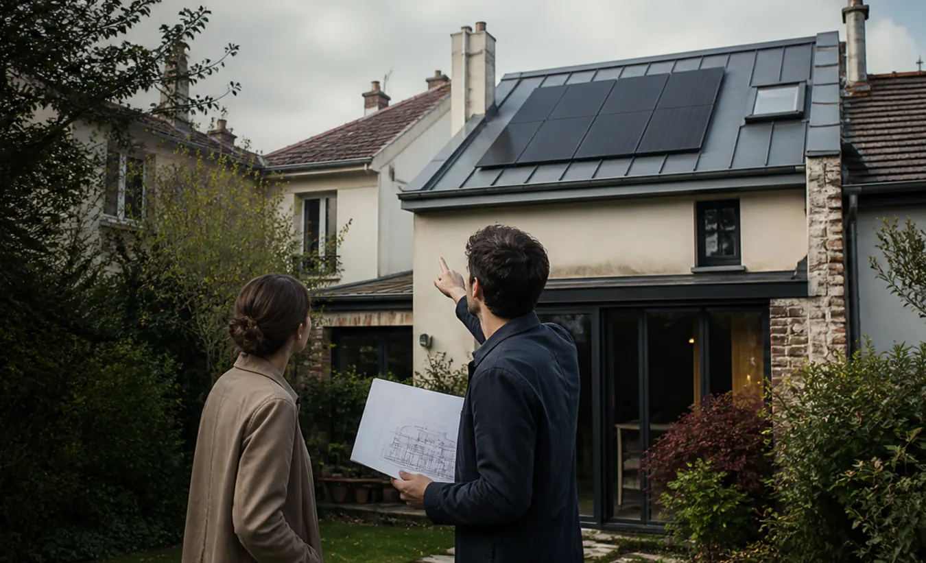Un architecte et une propriétaire vérifient des panneaux solaires sur une maison francilienne en brique et enduit clair
