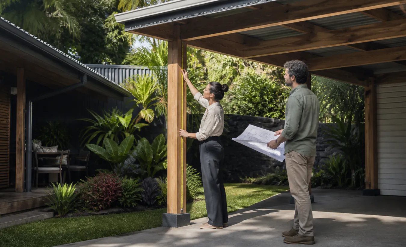 Une architecte et un propriétaire mesurent un carport en bois près d'une maison créole dans un jardin réunionnais