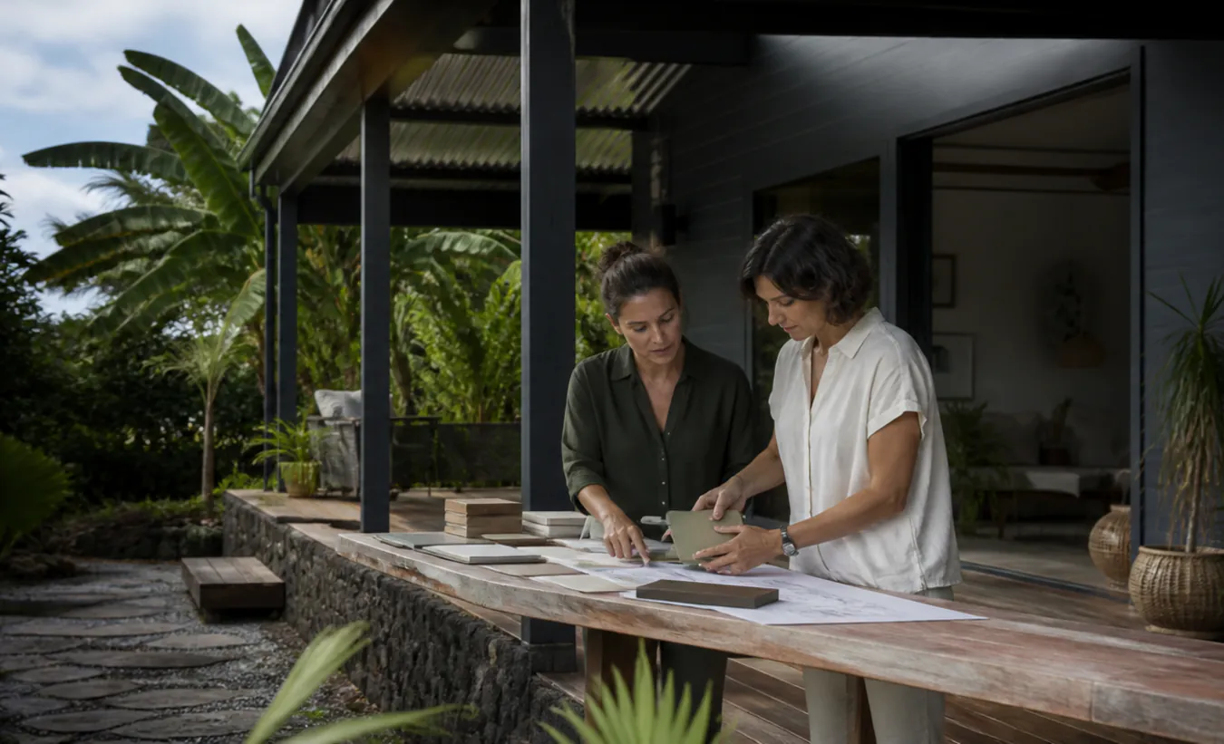 Une architecte et un propriétaire examinent une terrasse avec pergola devant une maison créole dans un jardin réunionnais