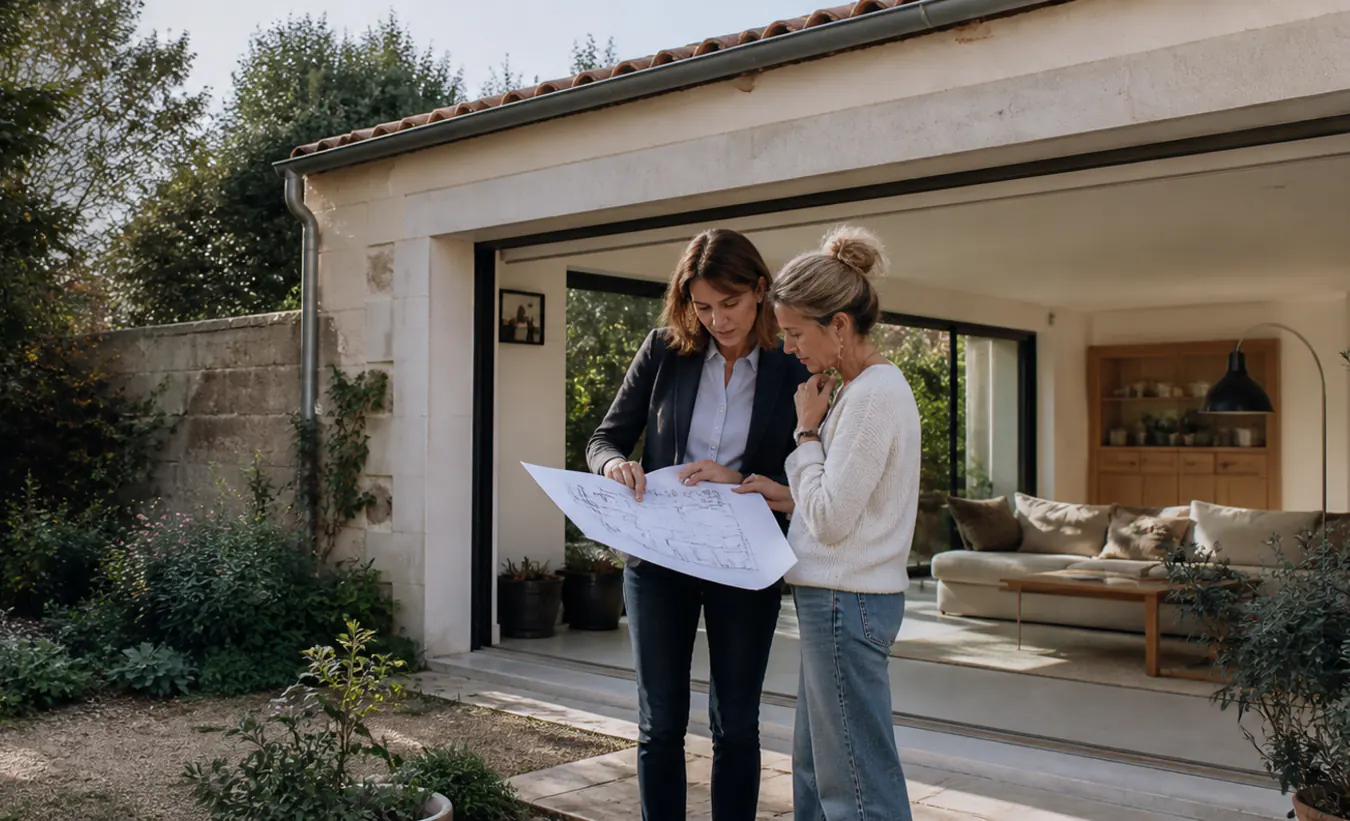Une architecte et une propriétaire examinent la transformation d'un garage d'une maison de l'intérieur de la France en pierre et enduit clair