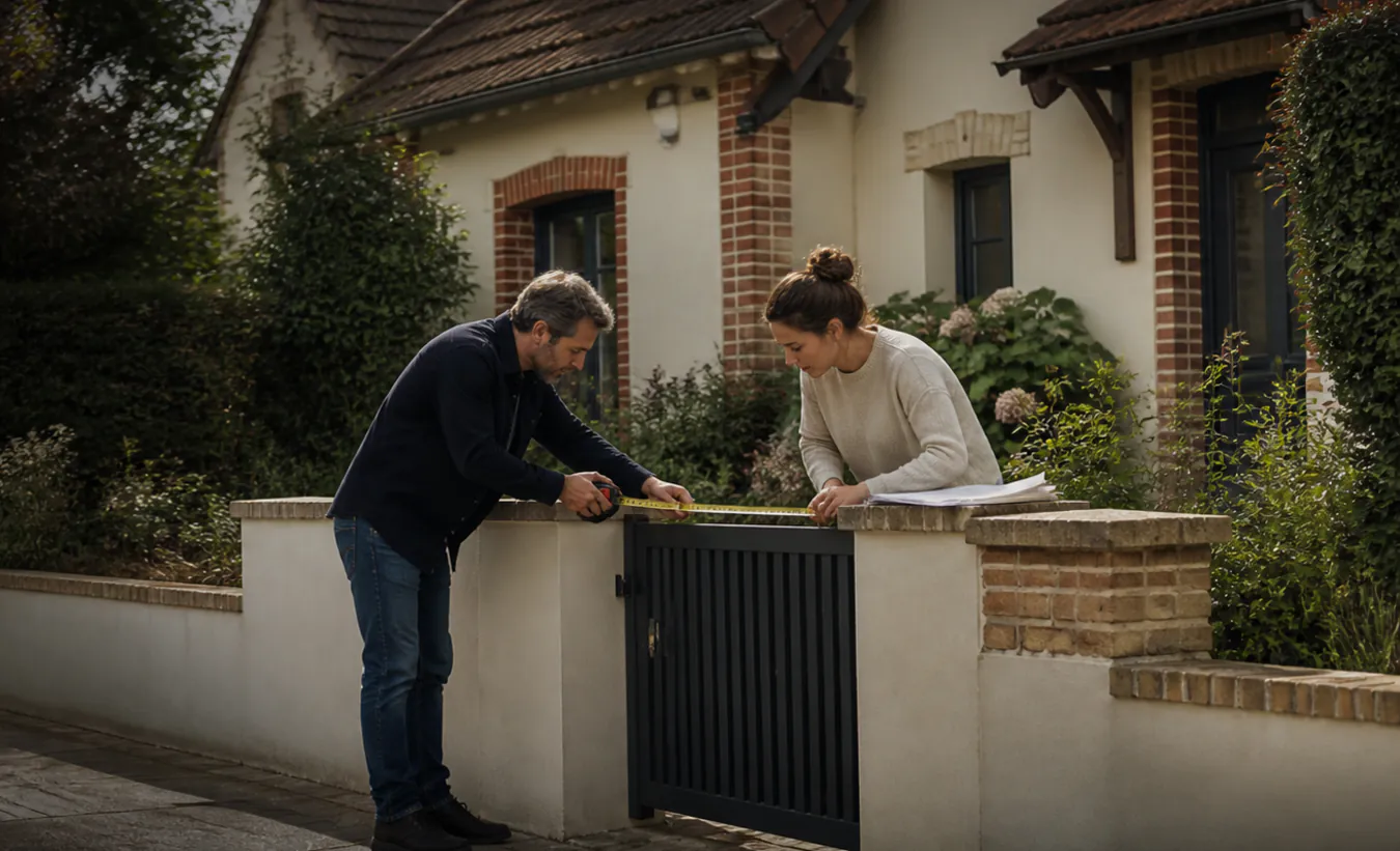 Un architecte et une propriétaire mesurent un projet de clôture devant une maison du nord de la France au toit pentu