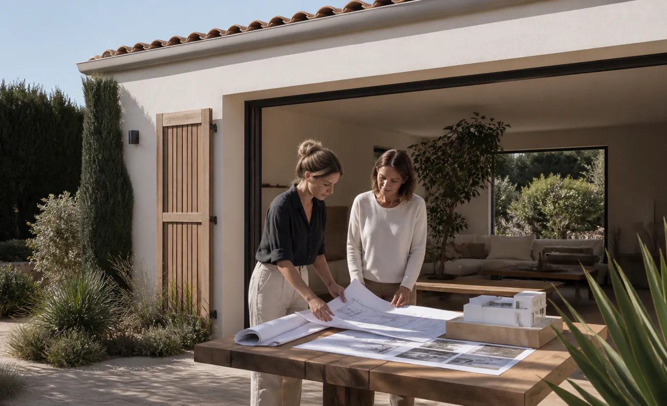Une architecte et une propriétaire examinent la transformation d'un garage d'une maison du sud de la France au jardin minéral