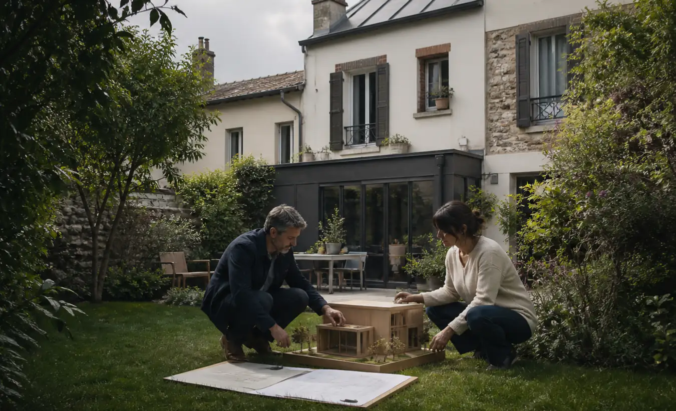 Une architecte et une propriétaire positionnent un abri de jardin près d'une maison francilienne en brique et enduit clair
