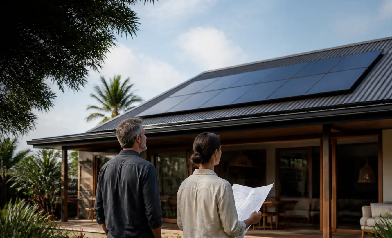 Un architecte et une propriétaire vérifient des panneaux solaires sur une maison créole dans un jardin réunionnais