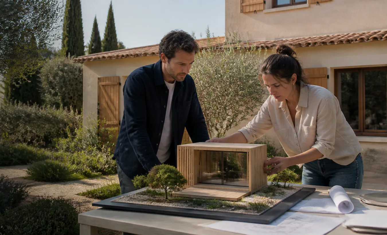 Une architecte et une propriétaire positionnent un abri de jardin près d'une maison du sud de la France au jardin minéral