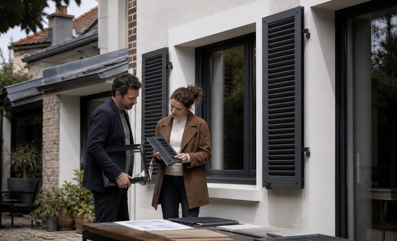 Un architecte et un propriétaire comparent des menuiseries devant une maison d'Île-de-France avec un jardin compact
